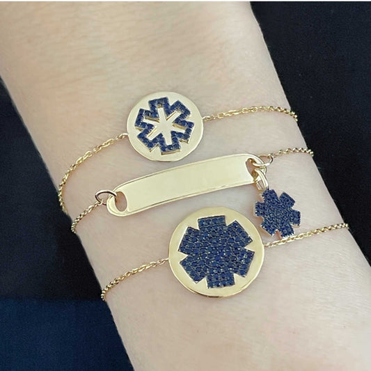 Gold Medical Alert Bracelet | Sapphire Medical ID Tag | Stylish Medical Alert Bracelets for Women | Diabetic Bracelets, Allergy Bracelets, Epilepsy Bracelet | Charmed Medical Jewelry