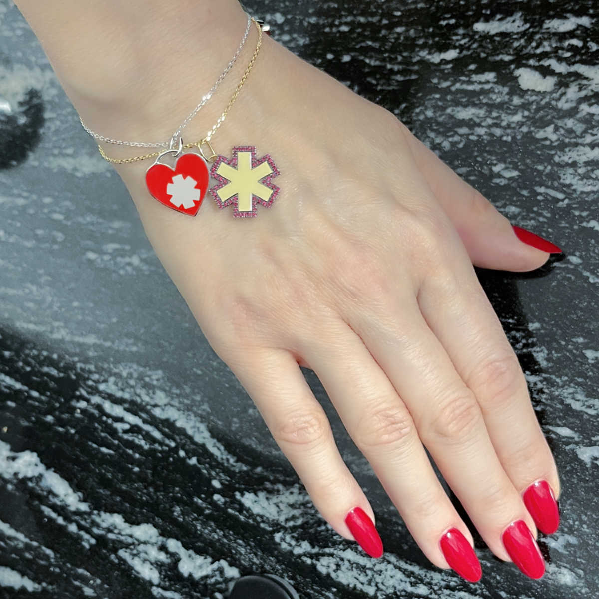 Gold Medical Alert Bracelet Ruby Charm | Medical Alert Necklaces, Bracelets & Jewelry for Women | Diabetic Bracelets | Charmed Medical Jewelry