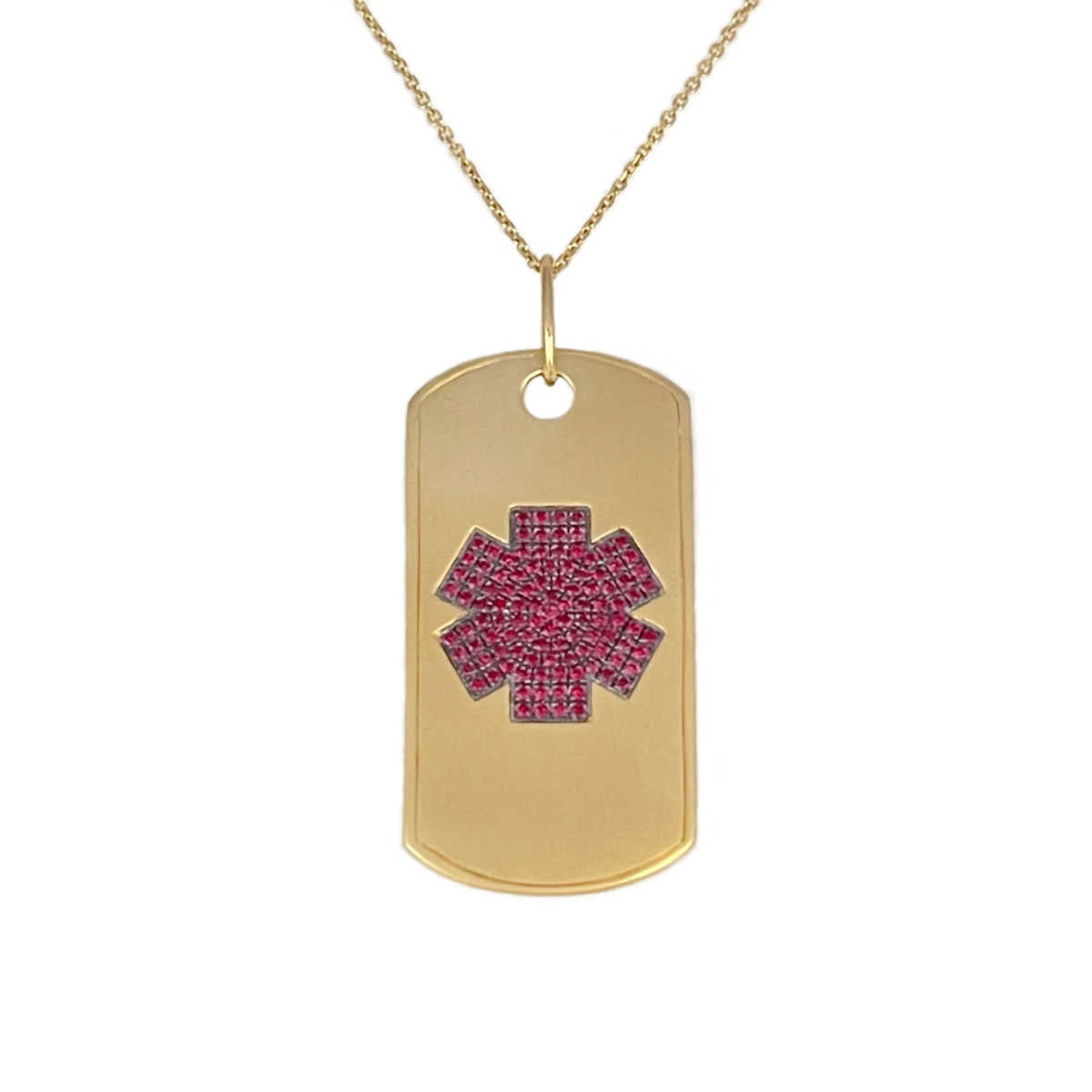 Gold Medical Alert Dog Tag Necklace | Engraved Ruby Medical ID | CHARMED Medical Jewelry