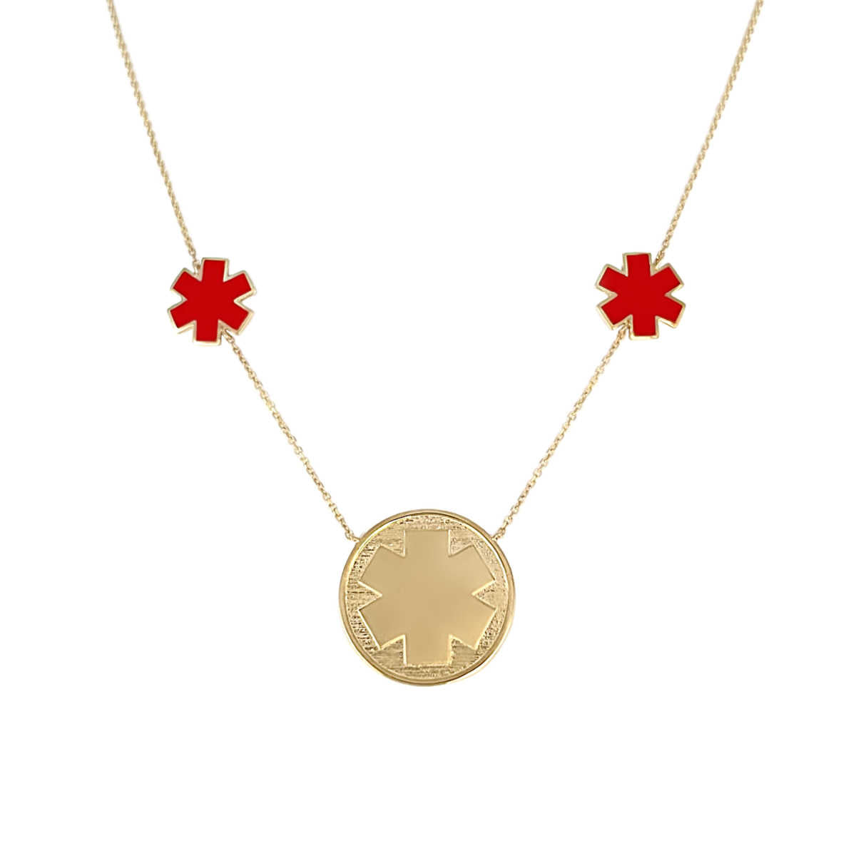 Gold Medical Alert Station Necklace | Red Enamel Star of Life Pendant | Custom Engraved ID | CHARMED Medical Jewelry