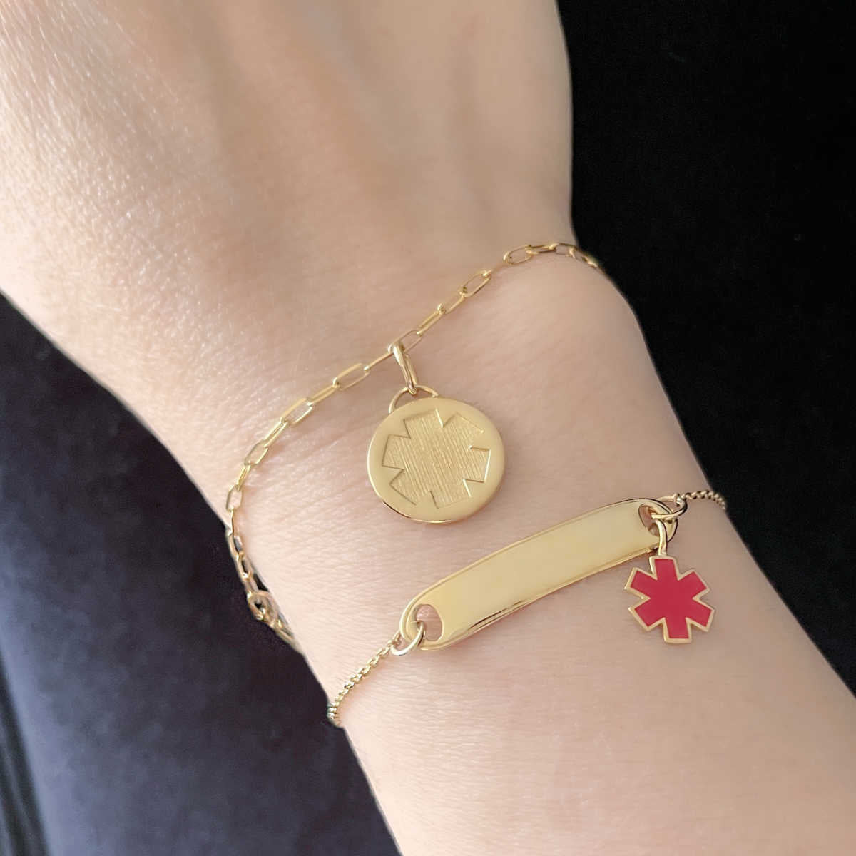 Gold Medical ID Bracelet with Red Enamel | Custom Engraved | CHARMED Medical Jewelry