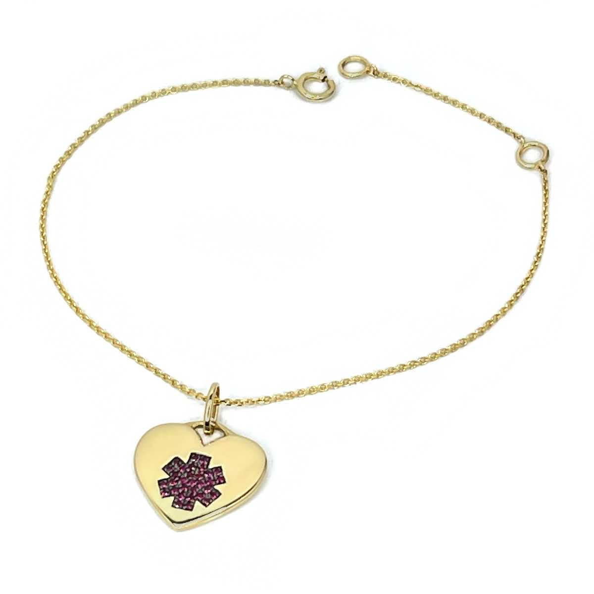 Heart Shaped Gold Medical Alert Bracelet | Custom Engraved Women's ID | 14k yellow gold ruby | Charmed Medical Jewelry