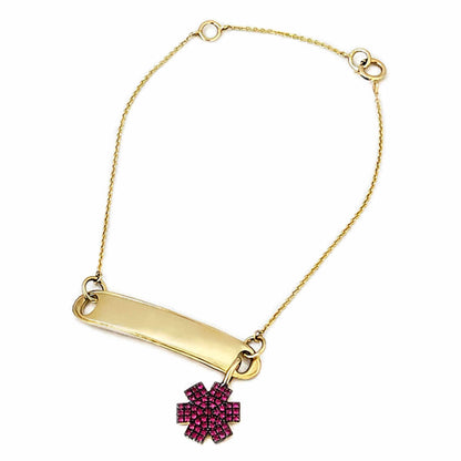 Medical ID Tag Bracelet in 14k Gold and Ruby. Custom Engraved Medical Alert Jewelry for Women