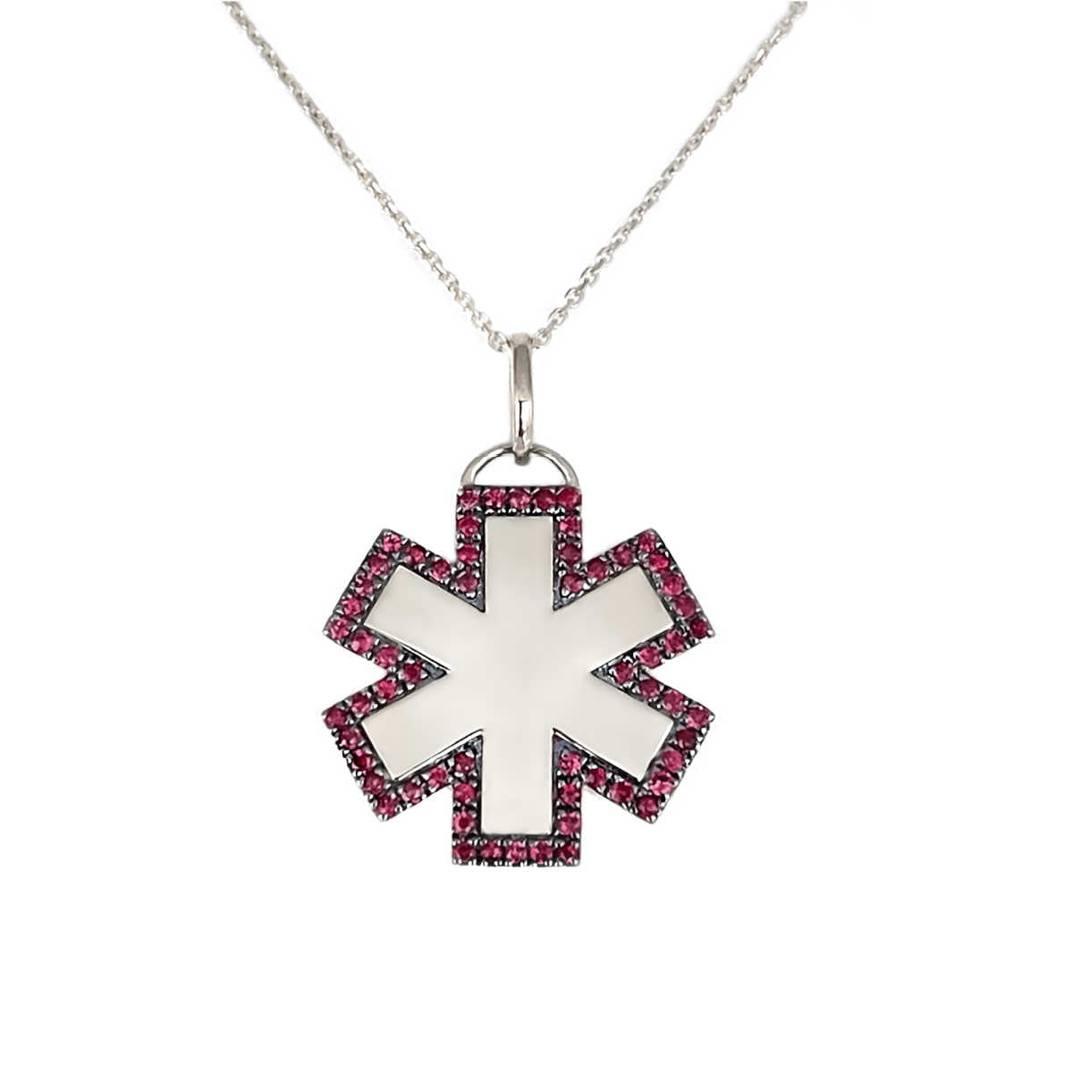 White Gold Medical Alert Necklace | Star of Life Pendant with Ruby | Engraved Medical IDs for Women | Charmed Medical Jewelry