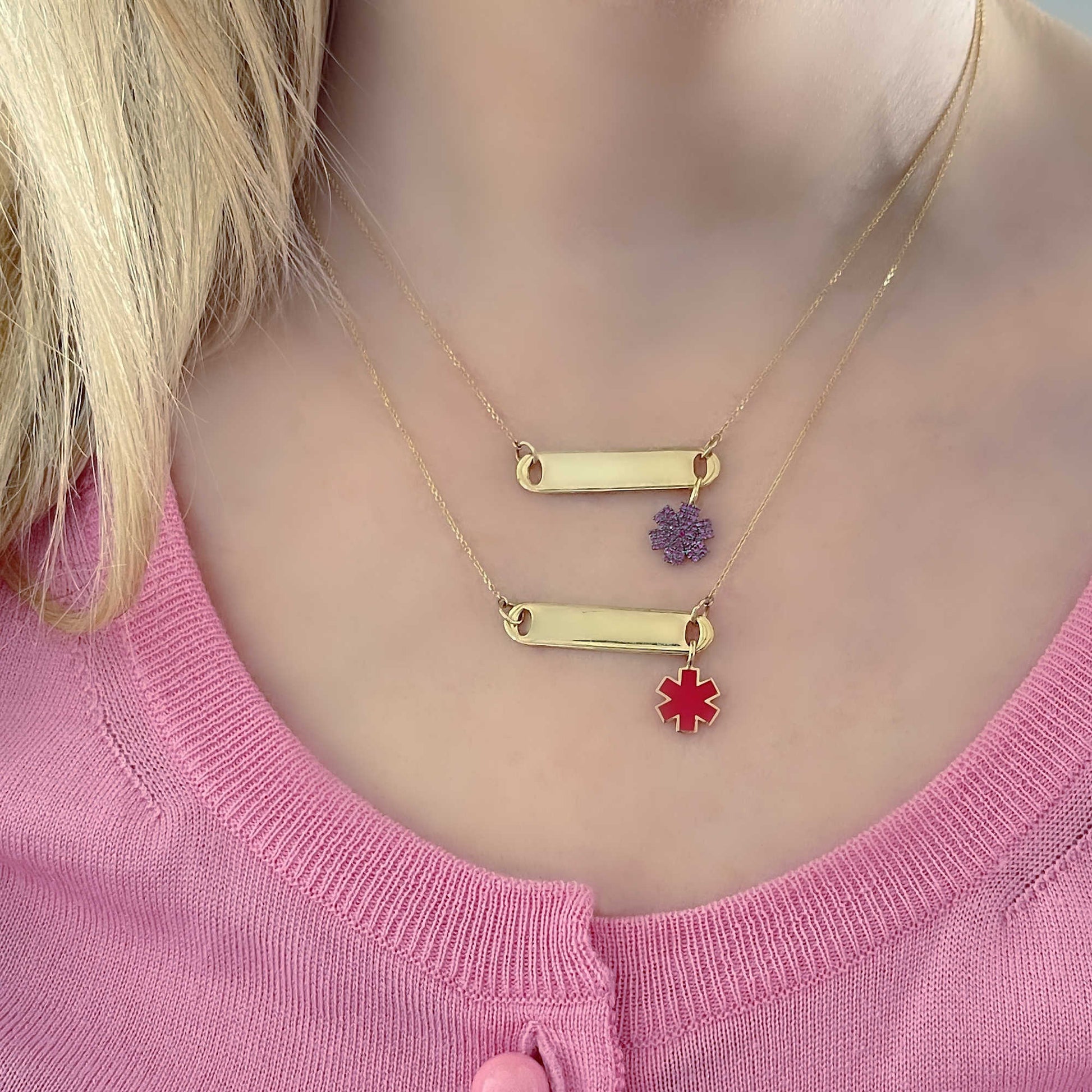 Gold Medical Alert ID Tag Necklace with Ruby Star of Life | Custom Engraved | CHARMED Medical Jewelry