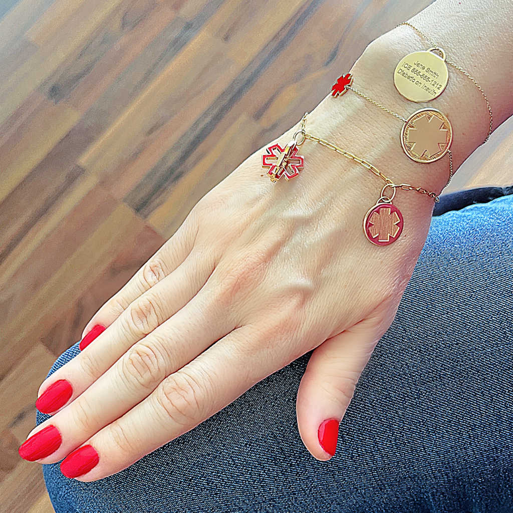 Medical Alert ID Multi Charm Bracelet for Women | 14k Yellow Gold Red Enamel | Charmed Medical Jewelry