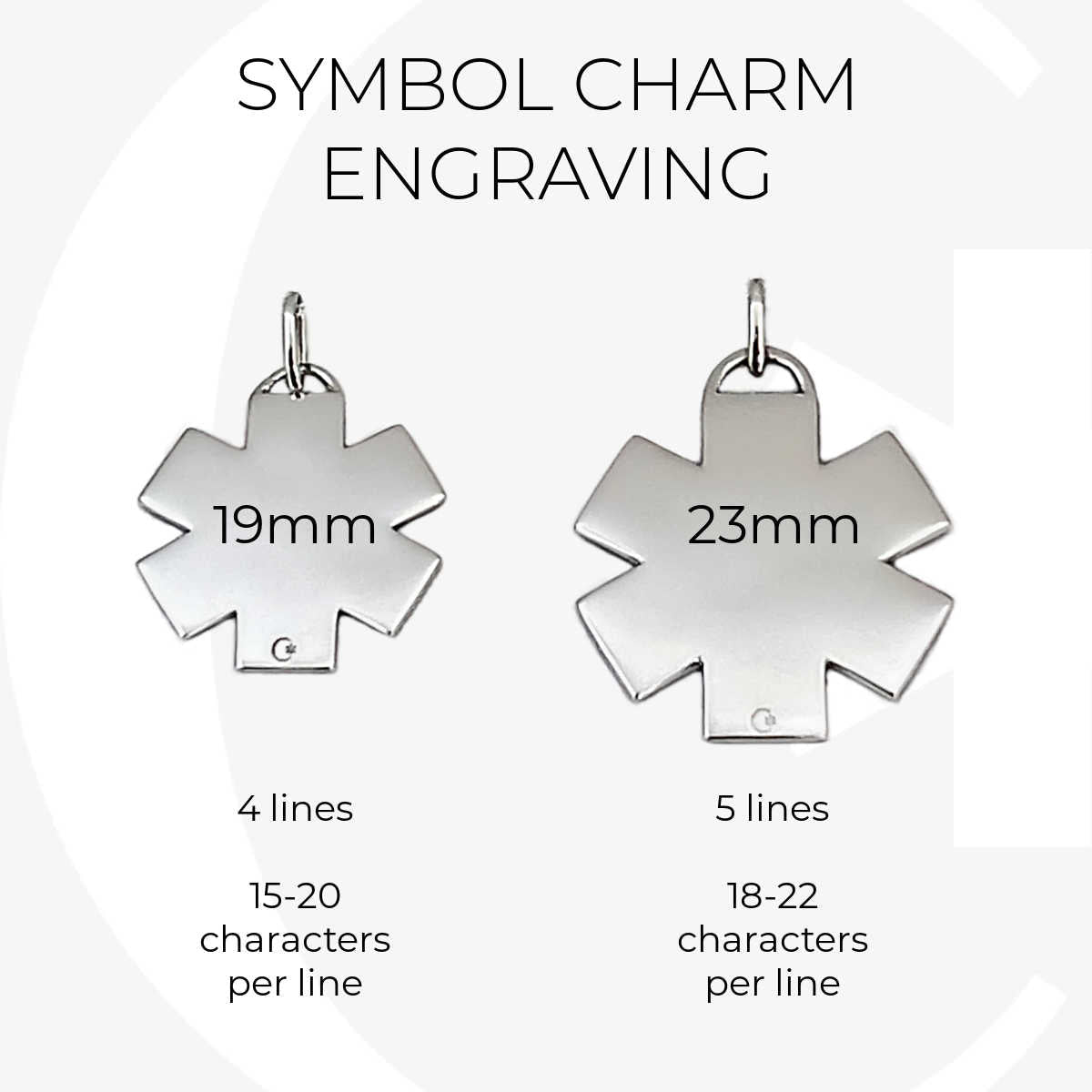 Medical Alert Charm | Size & Engraving Infographic | Charmed Medical Jewelry