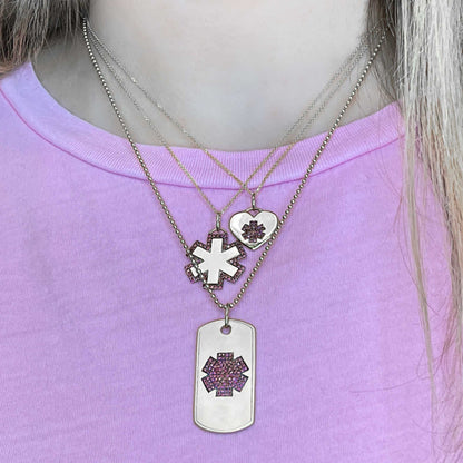 White Gold Medical Alert Necklace | Ruby Medical Dog Tag | Med ID Necklace | Stylish Medical Alert Necklace | Diabetic Necklace | Charmed Medical