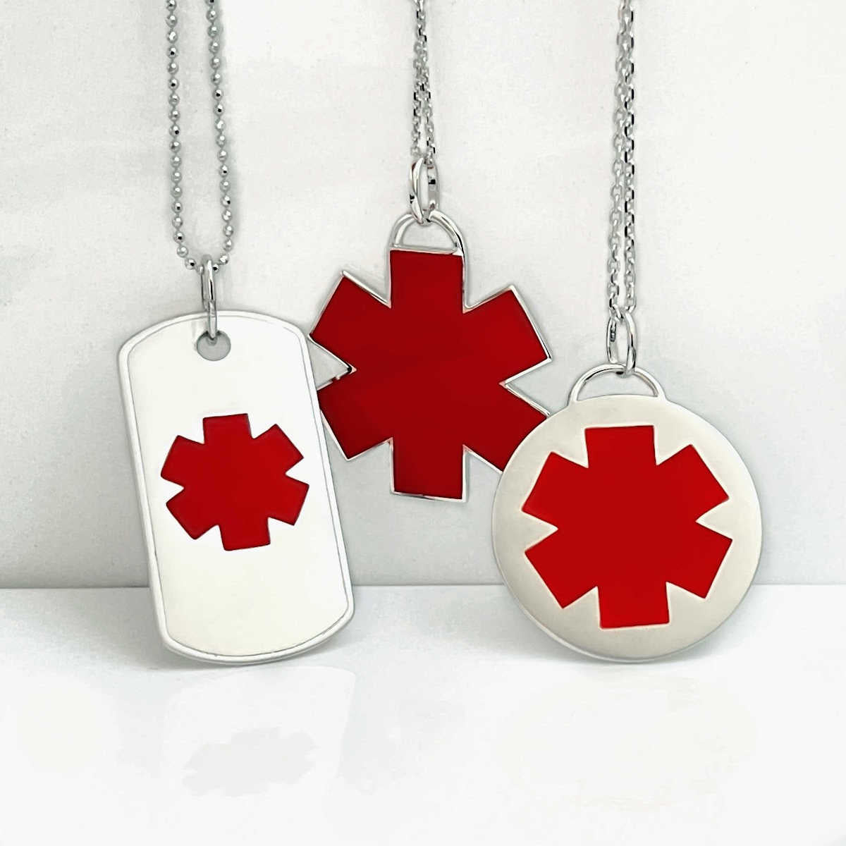 White Gold Medical Alert Necklace Collection | Enamel Medical Dog Tag | Med ID Necklace | Stylish Medical Alert Necklace | Diabetic Necklace | Charmed Medical Jewelry
