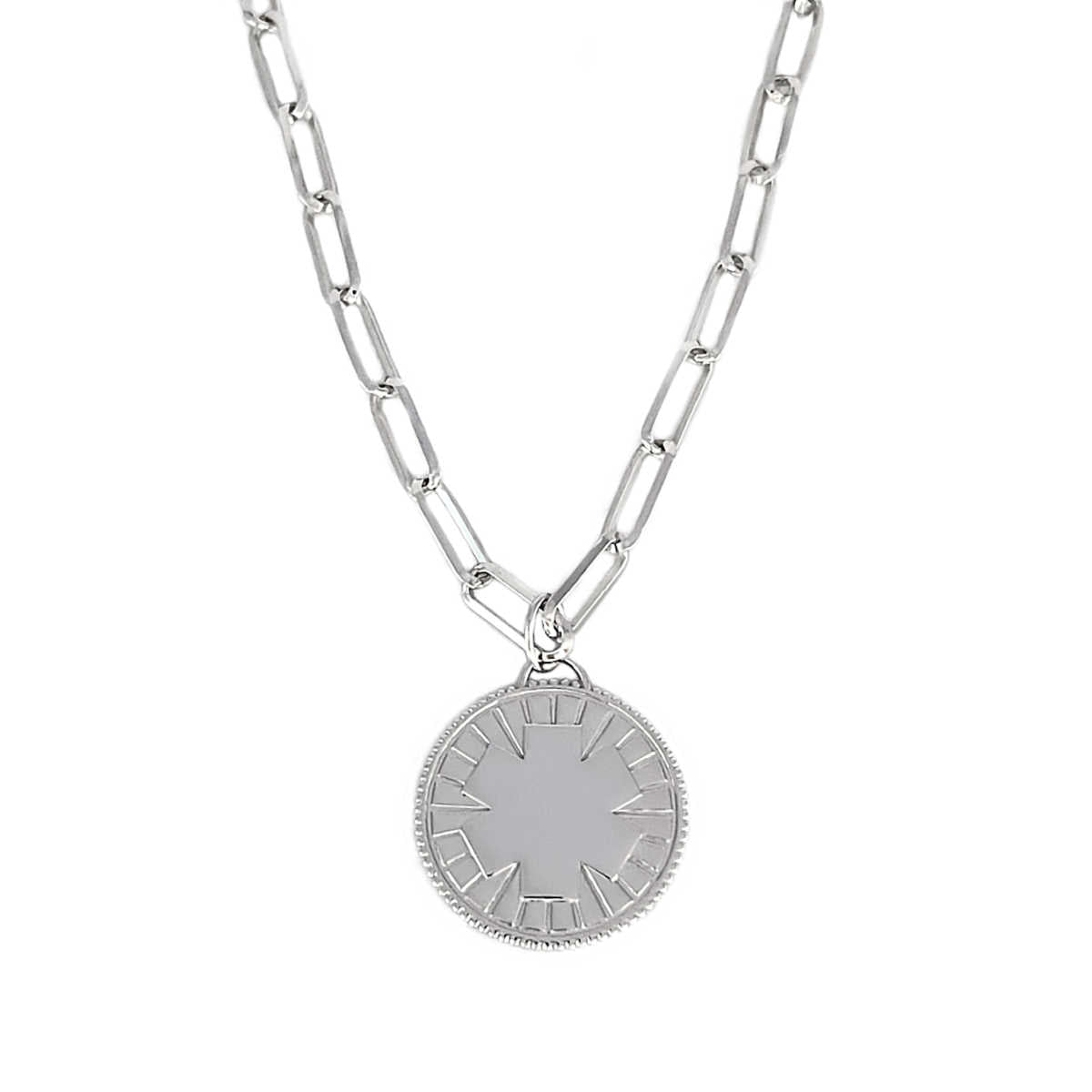 Sterling Silver Medallion Medical Alert Necklace | Engraved ID on Paperclip Chain | CHARMED Medical Jewelry