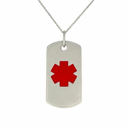 Medical ID Dog Tag Necklace in 14k Gold and Red Enamel. Medical Alert Pendant with Personalized Engraving