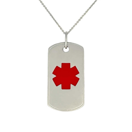 White Gold Medical Alert Necklace | Engraved Medical ID Dog Tag | Charmed Medical Jewelry