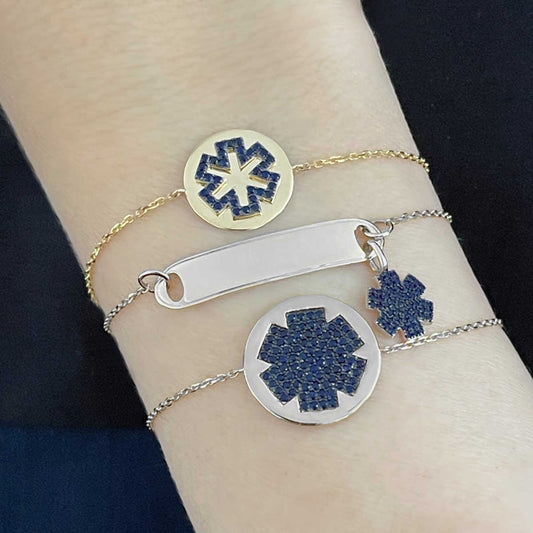 White Gold Medical Alert Bracelet | Sapphire Bolo 18mm | Stylish Medical Alert Bracelets for Women | Diabetic Bracelets, Allergy Bracelets, Epilepsy Bracelet | Charmed Medical Jewelry