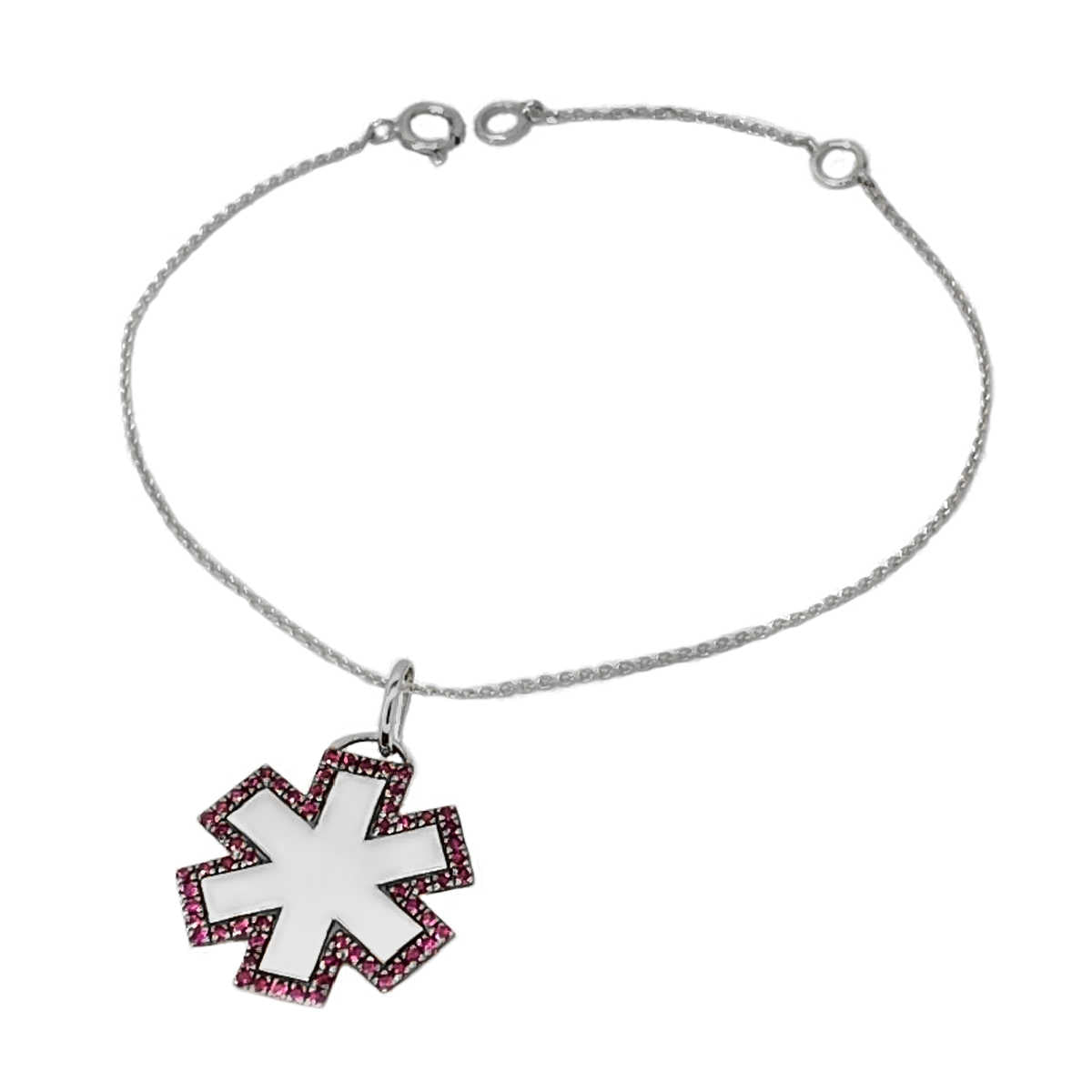 White Gold & Ruby Medical Alert Charm for Bracelet or Necklace