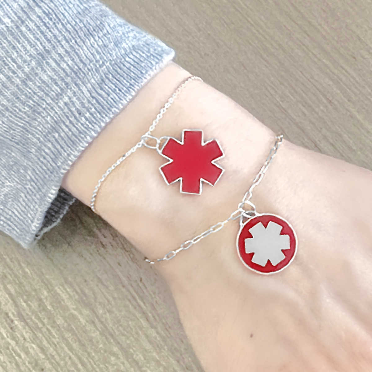 White Gold & Red Enamel Star of Life Medical Bracelet | Engraved Medic ID | Charmed Medical Jewelry