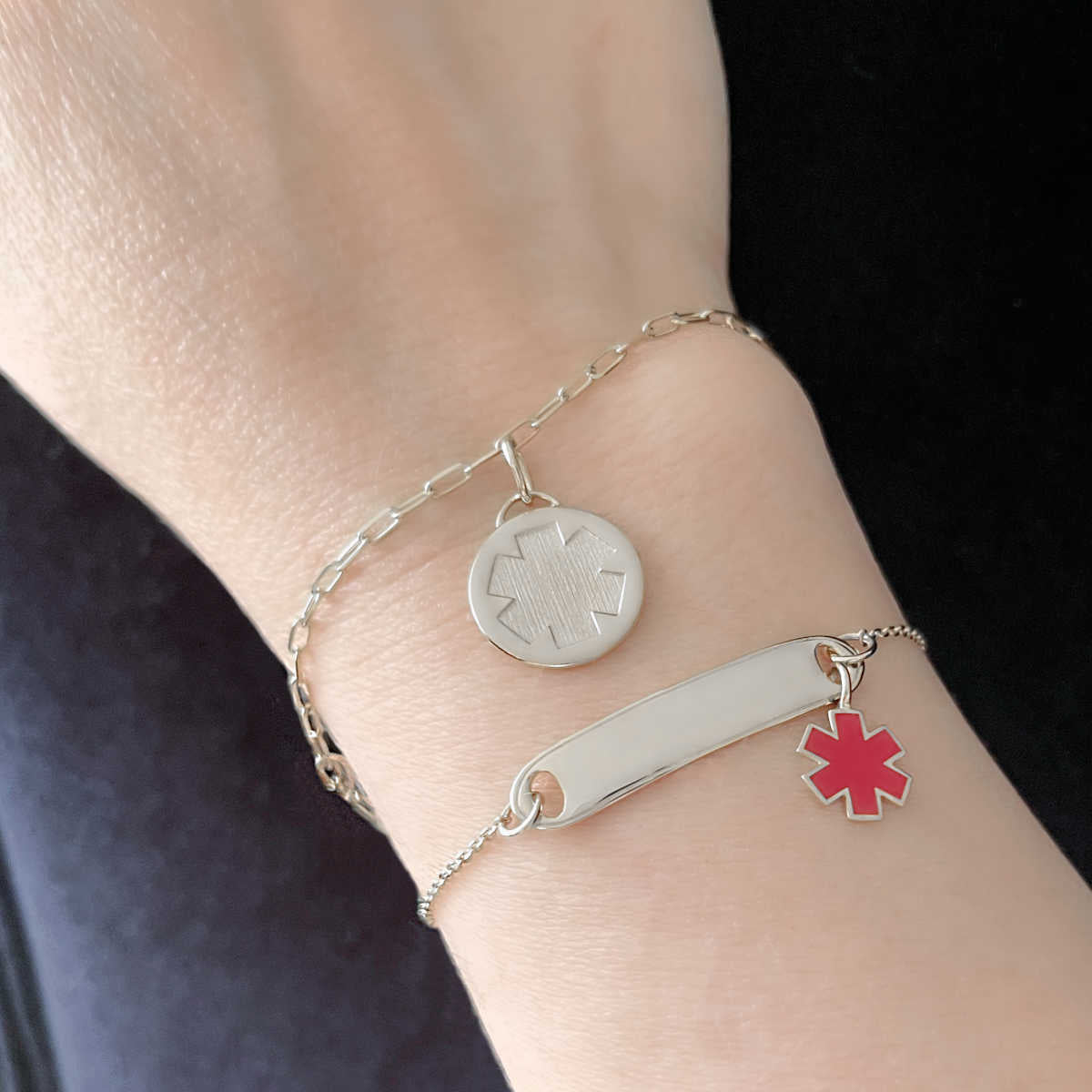White Gold & Red Enamel Women's Medical Alert ID Bracelet | Custom Engraved | CHARMED Medical Jewelry