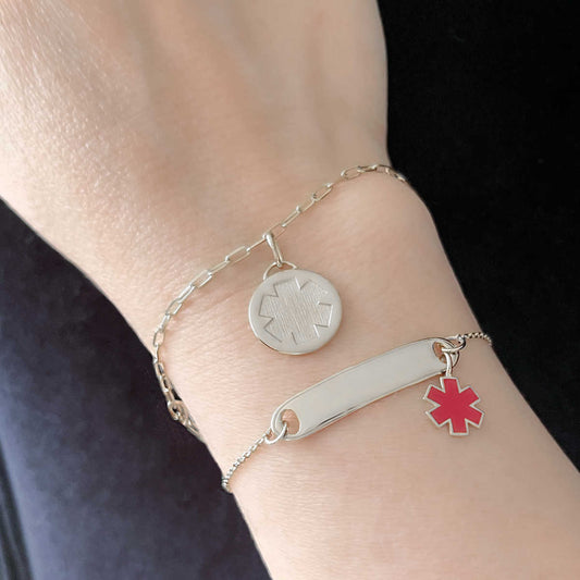 White Gold & Red Enamel Women's Medical Alert ID Bracelet | Custom Engraved | CHARMED Medical Jewelry