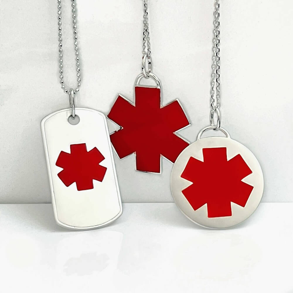 White gold medical ID charm necklace collection for men. Custom engraved medical alert jewelry from CHARMED