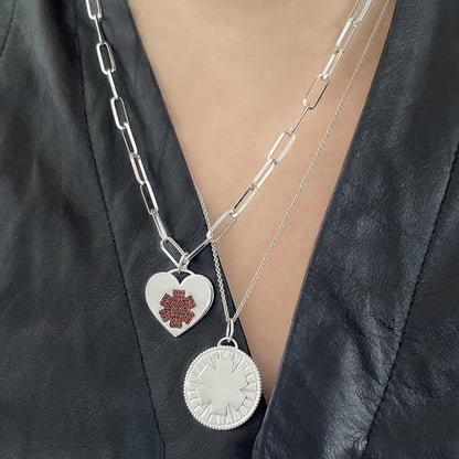 Woman Wearing Medical ID Charm Necklaces, Sterling Silver Medical Alerts with Garnets and Personalized Engraving