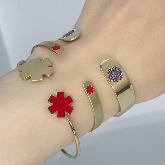 Gold Medical Alert Bracelet | Symbol Cuff | Stylish Medical Alerts for Women | Diabetic, Allergy, & Epilepsy Bracelets | Charmed Medical Jewelry